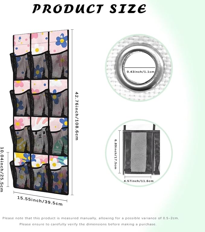 Over The Door Storage Organizer with 12 Mesh Pockets, Heavy Load Capacity, 2 Hooks Design, Door Hanging Organizer for Bathroom, Bedroom,Rabbit Flowers