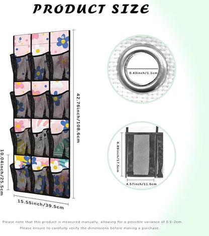 Over The Door Storage Organizer with 12 Mesh Pockets, Heavy Load Capacity, 2 Hooks Design, Door Hanging Organizer for Bathroom, Bedroom,Rabbit Flowers