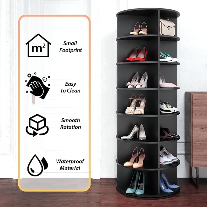 Rotating Shoe Rack, 7-Tier Spinning Shoe Rack, Free Standing Rotating Shoe Rack Tower 360°, Easy to Assemble, Space-Saving Revolving Shoe Organizer for Entryway - Black