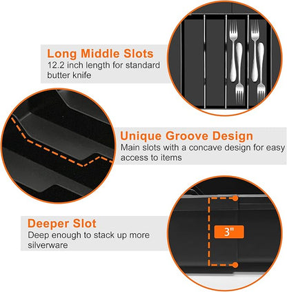 Spaclear Large Kitchen Silverware Organizer - Expandable 17.2" x 17.9" Adjustable Drawer Tray, 4-7 Compartments for Maximum Storage, BPA-Free, Black,L