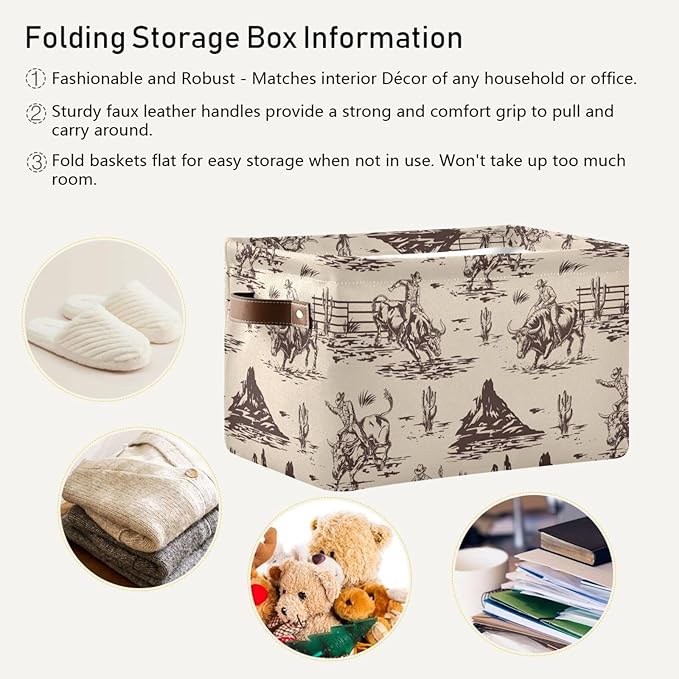 West Cactus Cowboy Large Storage Basket Cube Storage Bin Canvas Fabric Organizer Handles Collapsible Decorative for Clothes Toys Bedroom
