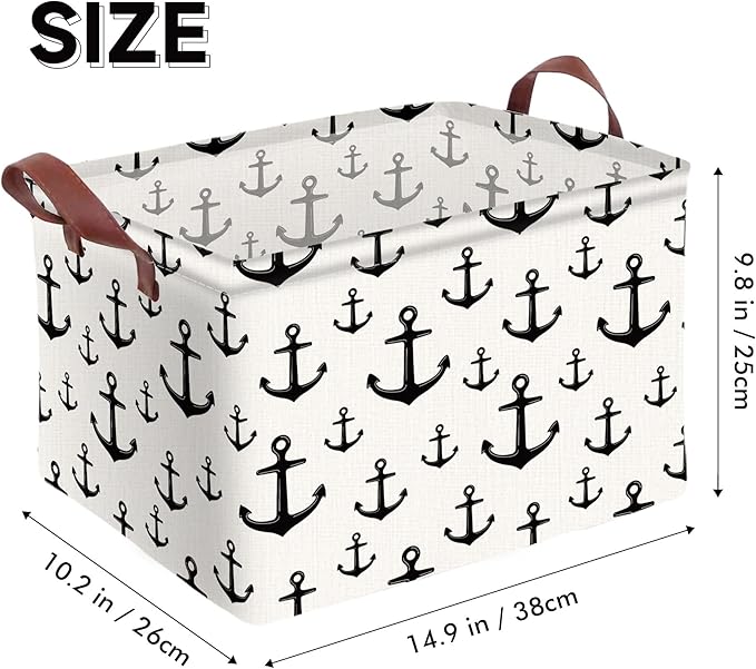 Anchor Storage Basket Waterproof Canvas Toy Storage Bin Home Anchor Decor Collapsible Outdoor Basket with Leather Handles Nautical Decor Blanket Baskets For Closets,Bedrooms,Gifts Baskets
