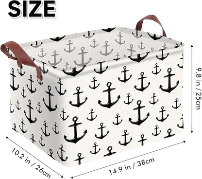 Anchor Storage Basket Waterproof Canvas Toy Storage Bin Home Anchor Decor Collapsible Outdoor Basket with Leather Handles Nautical Decor Blanket Baskets For Closets,Bedrooms,Gifts Baskets