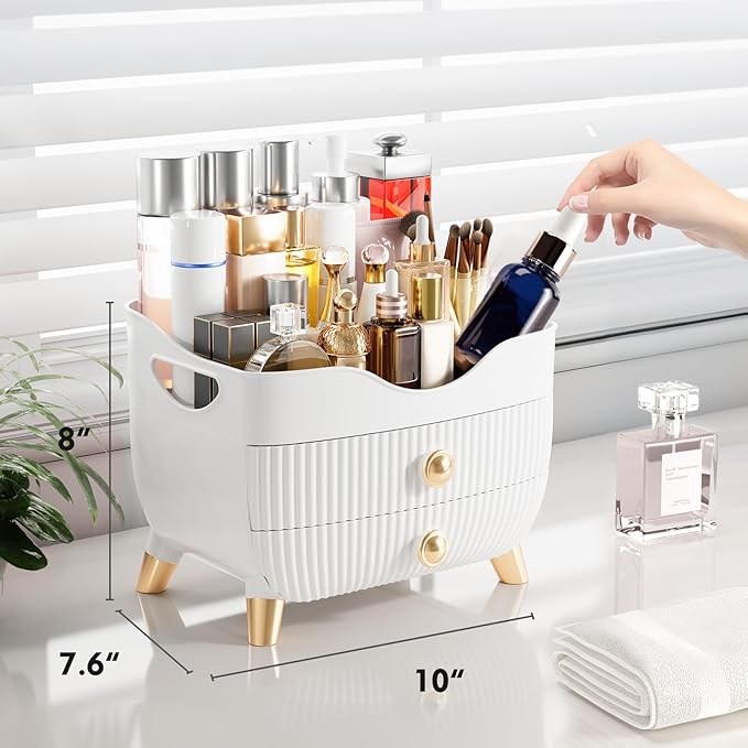 Makeup Organizer Countertop, Large Capacity Skincare Cosmetic Organizer for Vanity with 2 Drawers, Cosmetic Display Cases Makeup Storage Box for Bedroom, Bathroom, Ideal Gifts for Women(White)