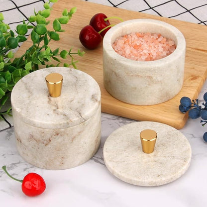 Marble Salt Cellar with Lid, 4 inch Natural Stone Salt Pepper Box, Alloy Lid for Kitchen Countertop Storage (Viva jade, 4 * 3.5)