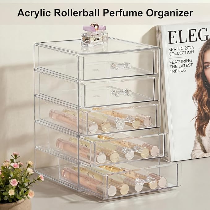ELLDOO Rollerball Perfume Organizer with 5 Drawer, Clear Acrylic Perfume Storage Holder Beauty Scent Holder, Makeup Lipgloss Lipstick Display Case Office Supplies Box
