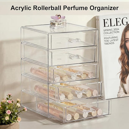 ELLDOO Rollerball Perfume Organizer with 5 Drawer, Clear Acrylic Perfume Storage Holder Beauty Scent Holder, Makeup Lipgloss Lipstick Display Case Office Supplies Box