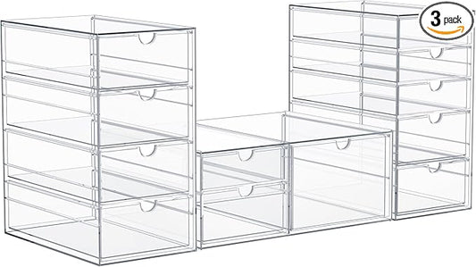 Sorbus Makeup Organizer With 12 Drawers, Acrylic Drawer Organizer for Makeup, Office Organization and Storage, Art Supplies, Jewelry, Stationary - 3 Pcs Clear Stackable Storage Bins Organizer Drawers