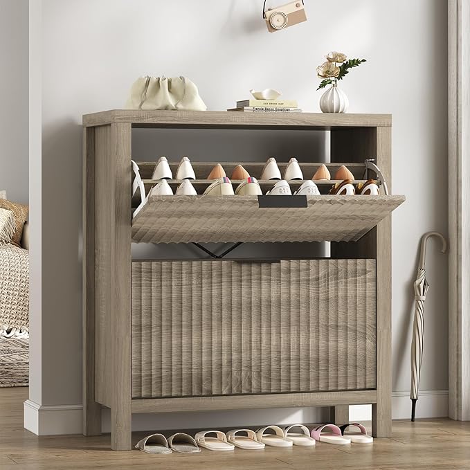 YOMILUVE Shoe Cabinet Storage for Entryway, Fluted Shoe Cabinet with 2 Flip Drawers, Hidden Shoe Rack Tall Freestanding Shoe Organizer with Legs for Hallway, Gray