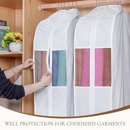 Univivi Premium Cotton Garment Bags for Hanging Clothes and Storage, 60 Inch Washable Dress Bags for Gowns Long, Full Zipper Dust Cover with Extra Large 10" Gusset & Clear Window - 4 Pack