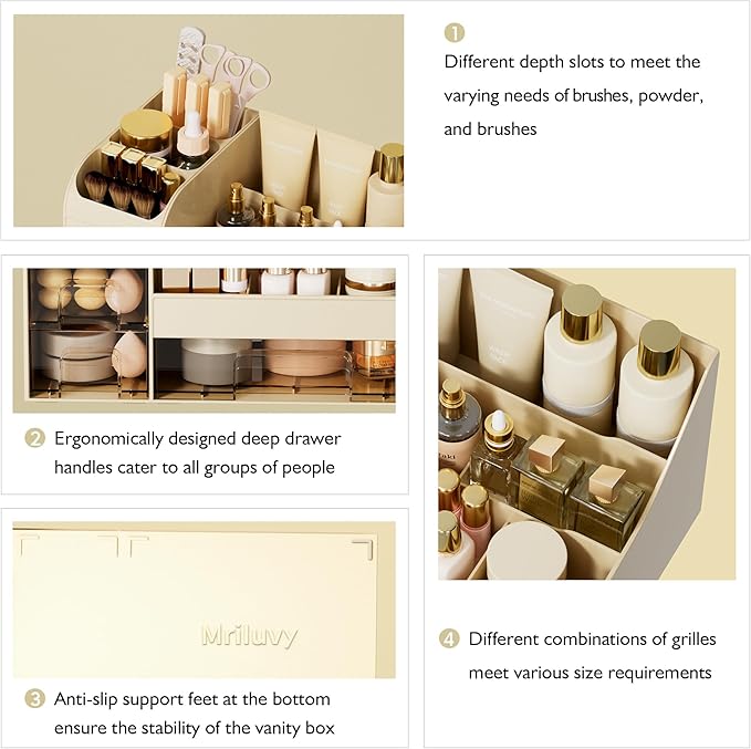Makeup Organizer with Drawers,Large Cosmetic Storage Box,Countertop Skincare Organizer,ABS Makeup Brush Holder for Bathroom,Desk,Dresser,Multifunctional Beauty Display Case,Cream transparent