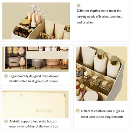 Makeup Organizer with Drawers,Large Cosmetic Storage Box,Countertop Skincare Organizer,ABS Makeup Brush Holder for Bathroom,Desk,Dresser,Multifunctional Beauty Display Case,Cream transparent
