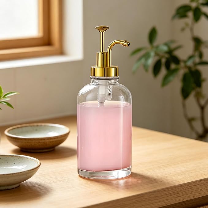 Asixxsix Coffee Syrup Dispenser, 500ml Clear Thickened Glass Soap Dispenser Bottle with PP Press Pump, High and Low Temperature Proof, Syrup Containers for Maple Honey (Gold Pump Head)