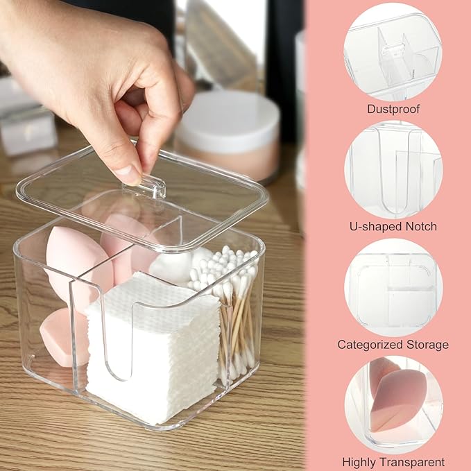 KIMCHOMERSE Qtip Holder, 4 Compartments Bathroom Canisters for Cotton Swab, Cotton Ball, Clear Acrylic Containers with Lid for Bathroom Vanity Countertop