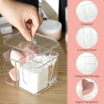 KIMCHOMERSE Qtip Holder, 4 Compartments Bathroom Canisters for Cotton Swab, Cotton Ball, Clear Acrylic Containers with Lid for Bathroom Vanity Countertop