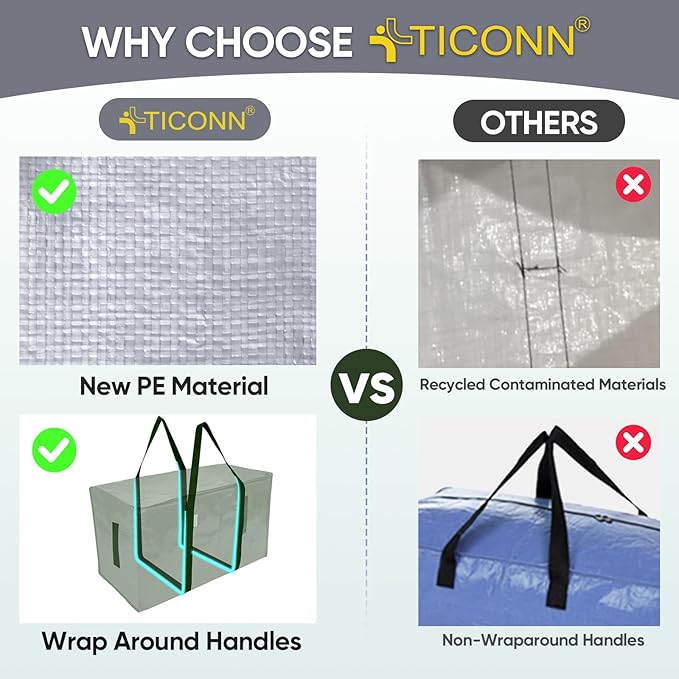 TICONN 6 Pack Extra Large Moving Bags Heavy Duty with Zippers & Carrying Handles, Durable Storage Bags Moving Boxes for Closet Organizers and Storage (6 Pack, Olive)