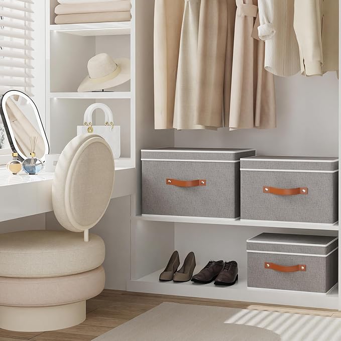 Storage Basket with Lid, Linen Foldable Storage Bin, Closet Organizer Box with Double Handles for Bedroom Corners, Grey, 1 Pack, 13 x 9.1 x 7.9 Inch