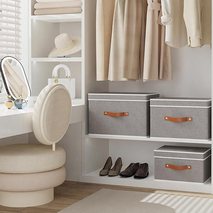 Storage Basket with Lid, Linen Foldable Storage Bin, Closet Organizer Box with Double Handles for Bedroom Corners, Grey, 1 Pack, 13 x 9.1 x 7.9 Inch