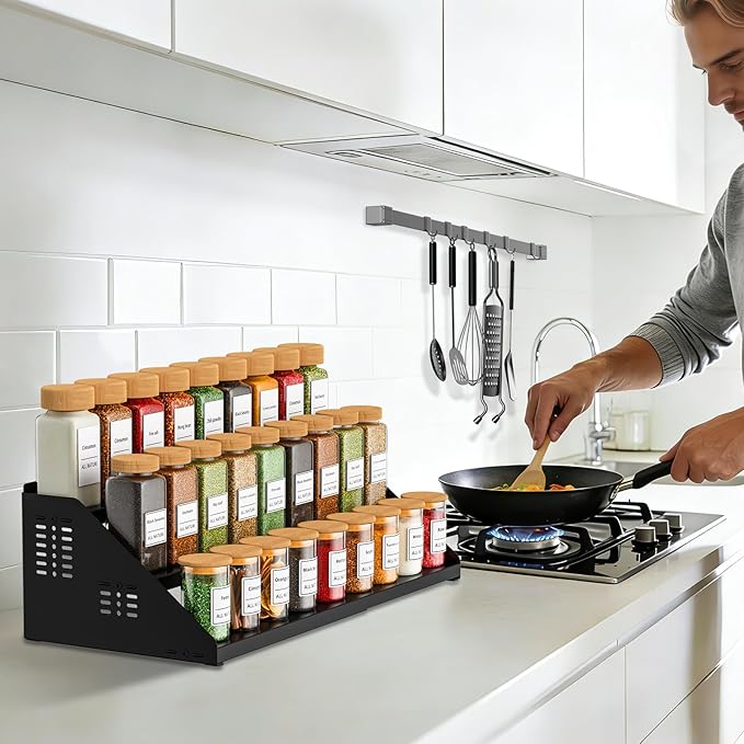 RCHYFEED Spice Rack Organizer for Cabinet, 3 Tier Spice Rack Expandable(13.4"-21.8"), Height Adjustable Spice Organization Shelf Metal Display Shelf, Spice Organization for Cabinet Countertop Pantry
