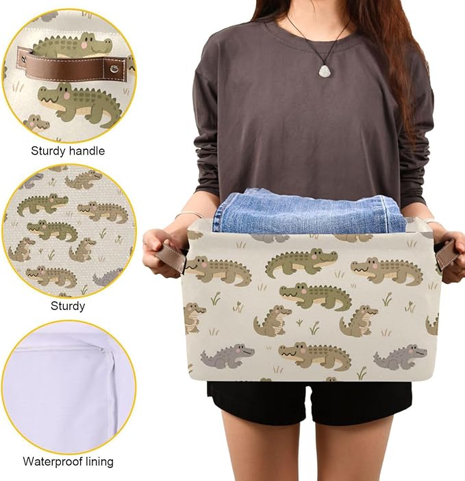 Large Storage Basket Alligator Pattern Storage Bin Cube Canvas Fabric Organizer Handles Collapsible for Clothes Toys Bedroom Decorative