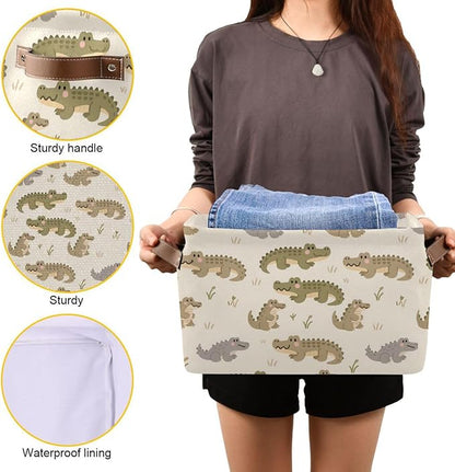 Large Storage Basket Alligator Pattern Storage Bin Cube Canvas Fabric Organizer Handles Collapsible for Clothes Toys Bedroom Decorative