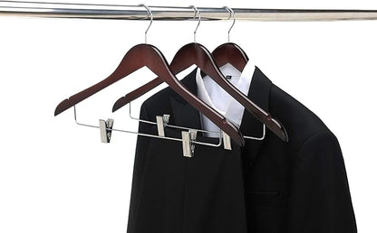 Quality Wooden Skirt Hangers with Clips Smooth Solid Wood Pants Hangers with Durable Adjustable Metal Clips, Swivel Hook, Coat, Jacket, Blouse Suit Hangers (Mahogany, 10)