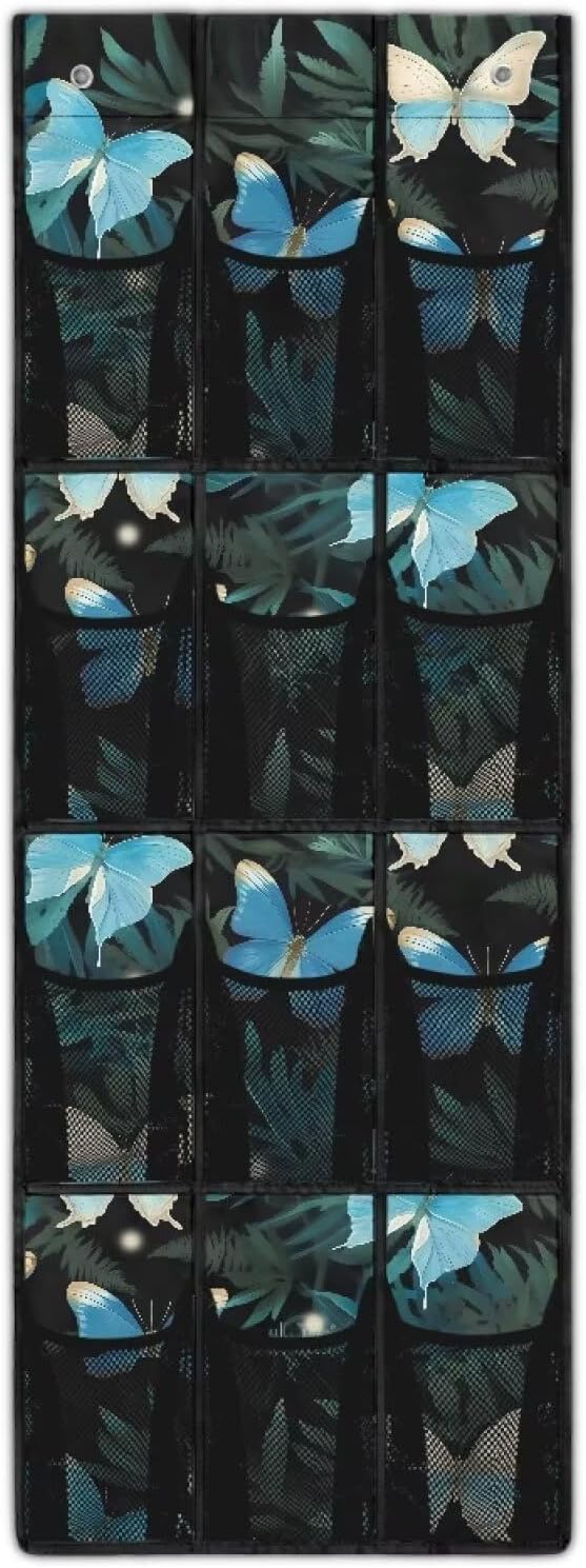 Butterflies Over the Door Shoe Organizer,Shoe Organizer Door Hanger,Space Saver Shoes Hanger Storage Organizer Bag with 12 Mesh Large Pockets