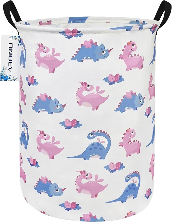 Round waterproof laundry basket,foldable storage basket,laundry Hampers with handle,gift basket,suitable for children's room and toy storage (Pink Dinosaur)
