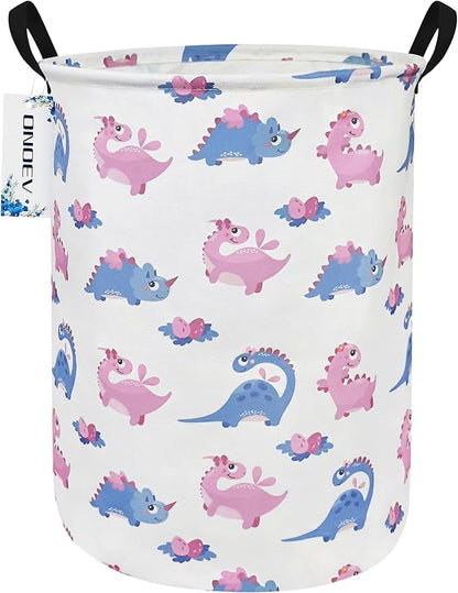 Round waterproof laundry basket,foldable storage basket,laundry Hampers with handle,gift basket,suitable for children's room and toy storage (Pink Dinosaur)