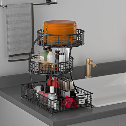 BCWW 3 Tiers Makeup Organizer Countertop Multi Bathroom Counter Organizer Metal Fruit Basket Perfume Skincare Organizers Holder for Vanities, Cabinet, Cosmetic, Dresser Organizer (Black)