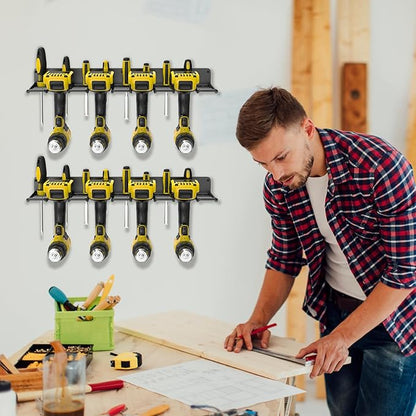 2 Pack Drill Holder Wall Mount, Power Tool Organizer, 4 Cordless Metal Drill Racks with Screwdriver Hole, Heavy Duty Garage Tool Organizer Storage Rack for Workshop Tool Room Basement