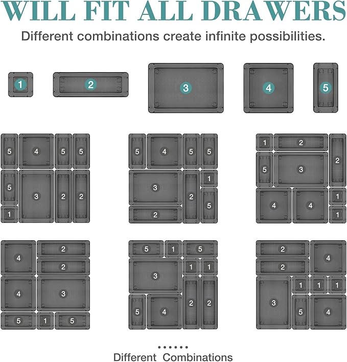 StorMiracle 13 PCS Drawer Organizer Set, 5 Varied Size Bathroom and kitchen Drawer cabinet organizer Trays, Clear Storage Bins for Makeup, Jewelry, Utensils and Gadgets, Black