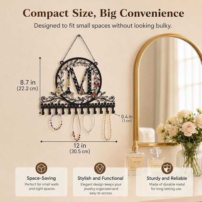 Wall-Mounted Metal Initial Letter M Earring Holder Hanging Jewelry Organizer for Earrings and Necklaces Space-Saving Wall Display with Hooks for Jewelry Storage