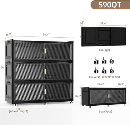 SAILUN 240Gal Extra Large Stackable Storage Bins with a Lid, Collapsible Storage Bins With Doors and Wheels, Foldable Storage Cabinet for Garage Closet Organization, Black, 3Pack 39.4" W