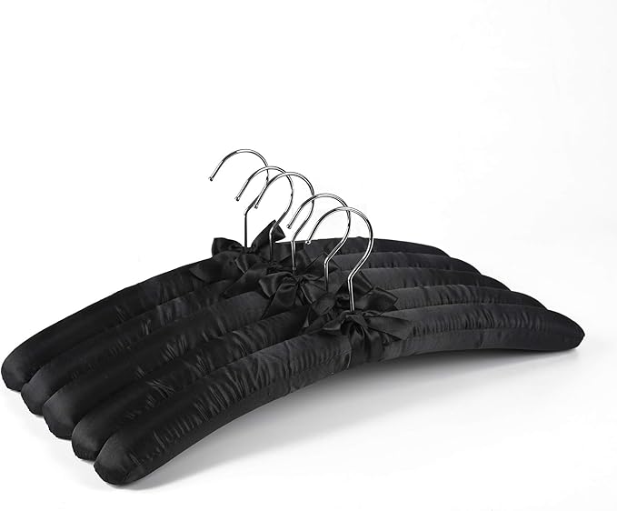 Amber Home 5 Pack Large Black Satin Padded Hangers, 17" Non-Slip Cushioned Hangers for Sweaters, Silk Dress, Wedding Dress, Bridal Gown, Cashmere