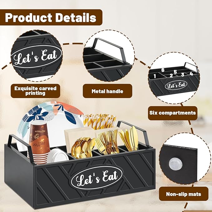 Paper Plate Dispenser, Wood Paper Plate Holder with Handle for Kitchen Counter, Silverware Caddy for Cups, Spoons, Forks, Plates, Napkins, Utensil Holder for Party Camping Buffet (Black)
