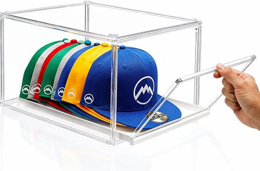 Hat Organizer for Baseball Caps, Clear Stackable Hat Storage Box with Magnetic Door & Sliding Drawer, Large Capacity, Dustproof Display Case for Closet 21