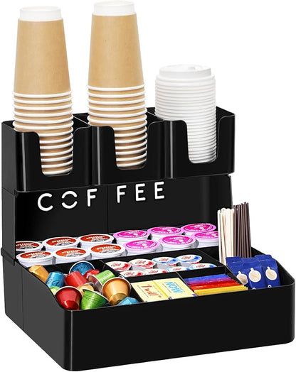 Lifewit 2-tier Coffee Station Organizer Caddy for Countertop, 10 Compartments Coffee Bar Organizers for Cups, Pods, Sugar, Compact Condiment Holders Storage for Office Breakroom Kitchen Home Black