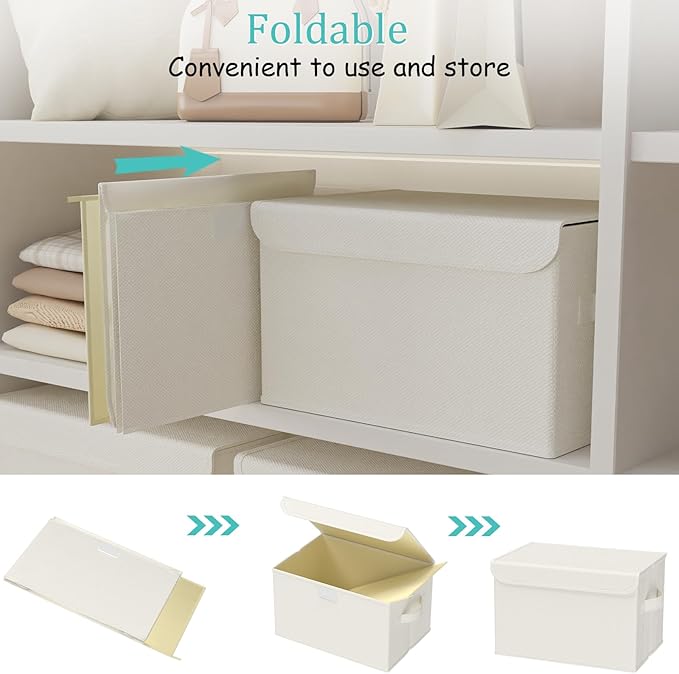 Storage Bins with Lids for Organizing, Closet Boxes with 2 Carrying Handles and Sturdy Heavy Cardboard, Home Organizers Cubes, 2 Pack, Beige, 15 x 9.8 x 9.8 In, XSNY12BEL-2