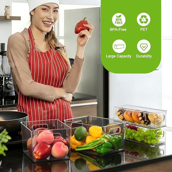 Hudgan Set of 8 Clear Plastic Storage Bins 4 Large and 4 Small Stackable Storage Containers for Pantry Organizers and Kitchen Storage, Cabinet, Freezer, Under Sink Organization