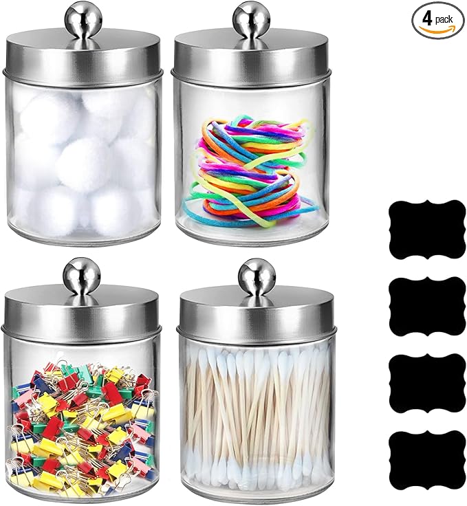 4 Pack Qtip Holder, Canister Apothecary Jar Set, Clear Plastic Apothecary Jar Containers, Bathroom Jars with Lids Set for Cotton Swabs, Balls, Pads, Floss Picks (Silver)