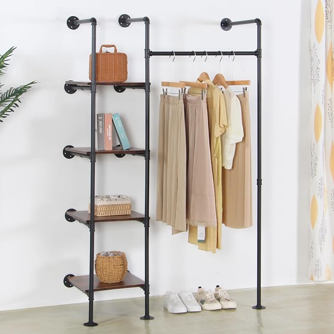Industrial Pipe Clothing Rack with Shelves, 71inch Wall Mounted Closet Storage Racks,Hanging Clothes Retail Display Rack, Garment Racks with Shelves Closet Rods System