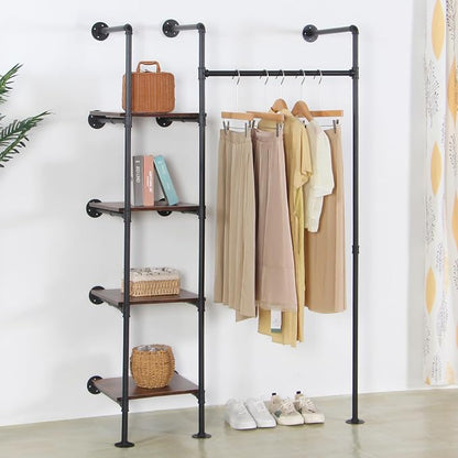 Industrial Pipe Clothing Rack with Shelves, 71inch Wall Mounted Closet Storage Racks,Hanging Clothes Retail Display Rack, Garment Racks with Shelves Closet Rods System