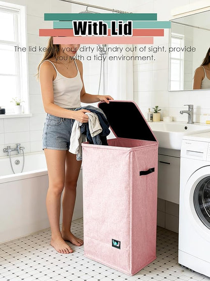 WTREE Laundry Hamper with Lid, Reinforced Sturdy Clothes Hamper with Anti-Puncture Base, Large Collapsible Laundry Basket with Removable Liner Bag, Tall Dirty Clothes Bin for Family, 100L Pink