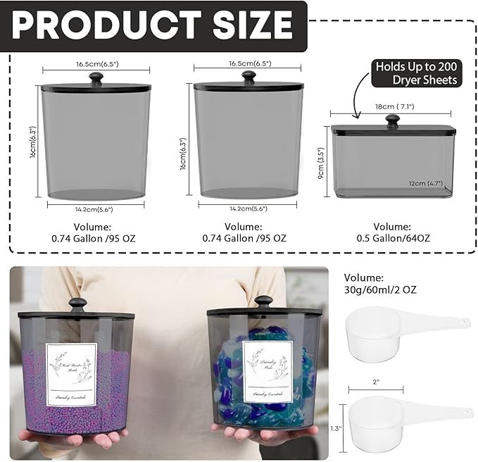COAZEX 3 Pack Laundry Powder Container & Dryer Sheet Holder, Plastic Laundry Room Organization and Storage Jars with Lids, Labels & Scoops for Powder, Detergent, Scent Booster (Black)