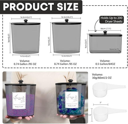 COAZEX 3 Pack Laundry Powder Container & Dryer Sheet Holder, Plastic Laundry Room Organization and Storage Jars with Lids, Labels & Scoops for Powder, Detergent, Scent Booster (Black)