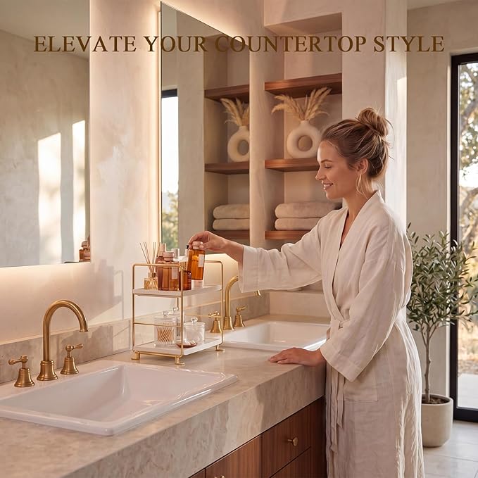 FSyueyun 2-Tier Bathroom Counter Organizer, Tool-Less Vanity Organizer for Skincare, Premium Plastic Bathroom Organizer Tray for Perfume & Cosmetics, （White & Gold）