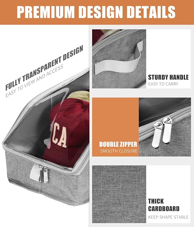 Livelab Hat Organizer for Baseball Caps, Hat Storage Holder Container for Closet Hold Up to 12 Caps with Clear Window, Hat Boxes for Home Storage | 1Pcs Grey