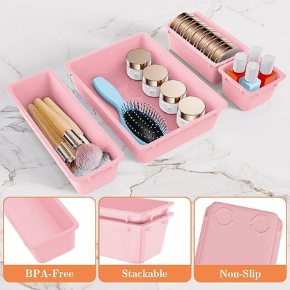 SpaceHacks 25 PCS Plastic Drawer Organizer Set, 4-Size Versatile Organizer Trays & Storage Bins for Makeup, Jewelry, and Gadgets in Bathroom, Bedroom and Office, Pink