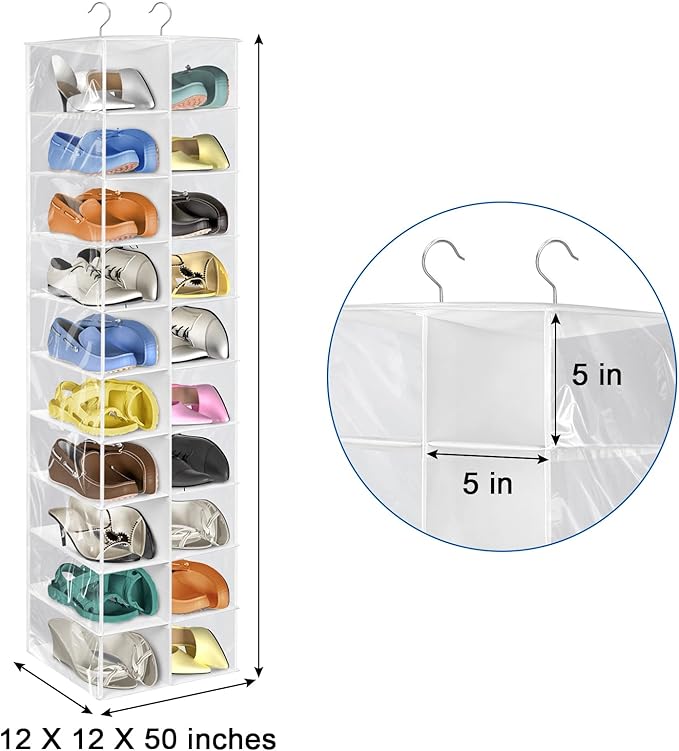 Libeder Hanging Shoe Organizer for Closet, Hanging Closet Organizers 20 Section Shoe Shelves, Space Saving Shoe Holder & Storage, White, 12''W×12''Dx 50''H